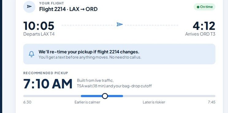 Sample flight card with a pickup time built from the flight