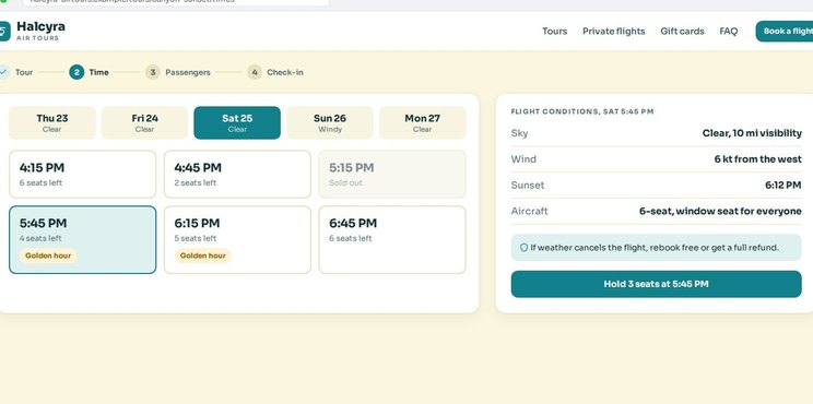 Sample tour time slots with flight conditions