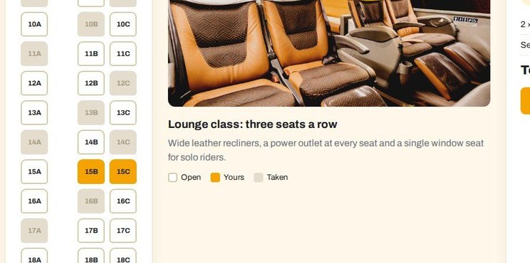 Sample coach seat map with lounge-class seats