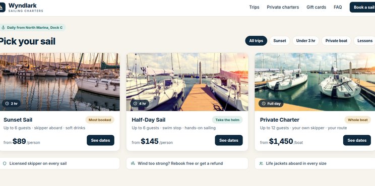 Sample sailing trips with duration, guests and price